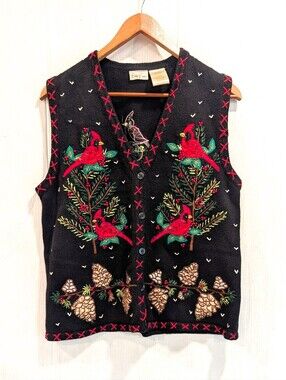 BOBBIE BROOKS Embroidered & Beaded Cardinal Christmas Black Knit Sweater Vest
